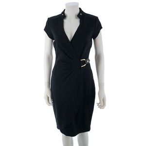 Cache Bodycon Wrap Black Cocktail dress buckle & ruffle Stretch Lined size 2 NEW